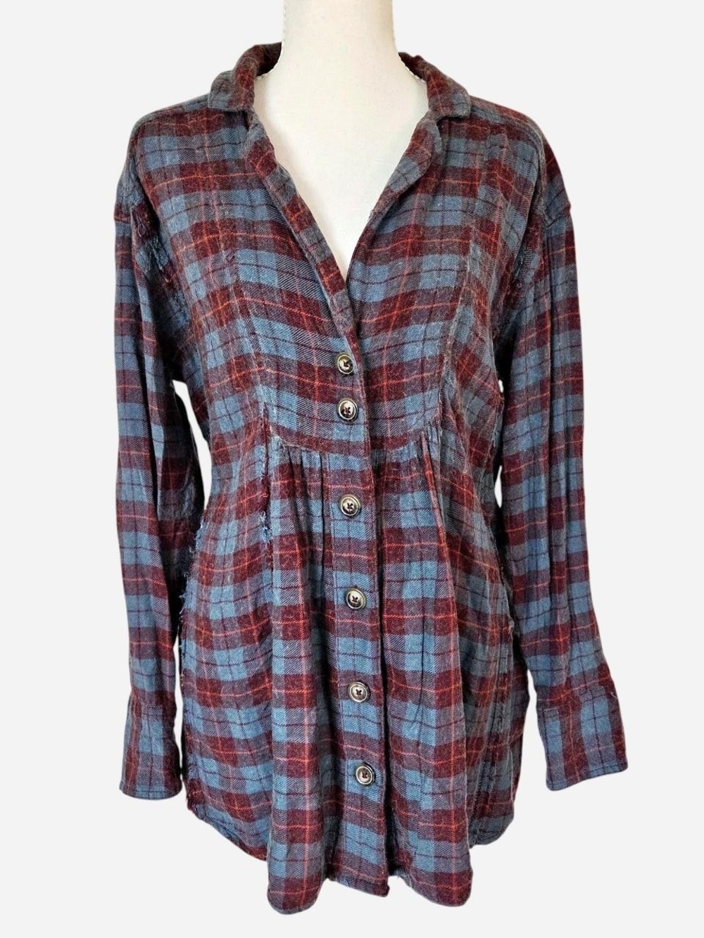 Free People wool blend plaid button down shirt flannel purple blue size M - Picture 3 of 8